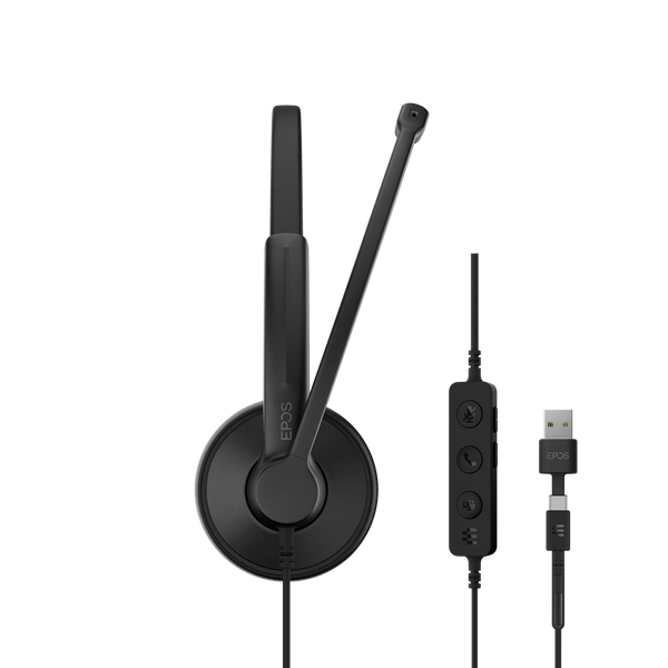 EPOS Impact 100 MS Stereo USB-C+A Headset with Microphone, Certified Microsoft Teams, Noise-Cancelling Mic, Lightweight, Call Control, USB Adapter, Soft Earpads